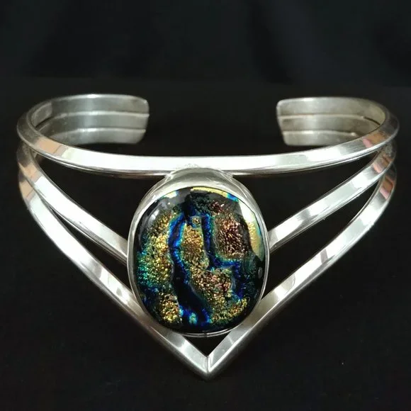 Jaw-Dropping Triple Strand Heavy Gauge 925 Silver Dichroic RULA GLASS Bracelet - Picture 4 of 9